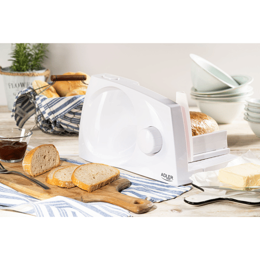 Adler AD4703 Fatiador Cortador en Fatia de Carnes e Pão, Espessura de Corte Ajustável 0 -15 mm, Roda Aço Inoxidável, 400, Branco Adler AD4703 Fatiador Cortador en Fatia de Carnes e Pão, Espessura de Corte Ajustável 0 -15 mm, Roda Aço Inoxidável, 400, Branco