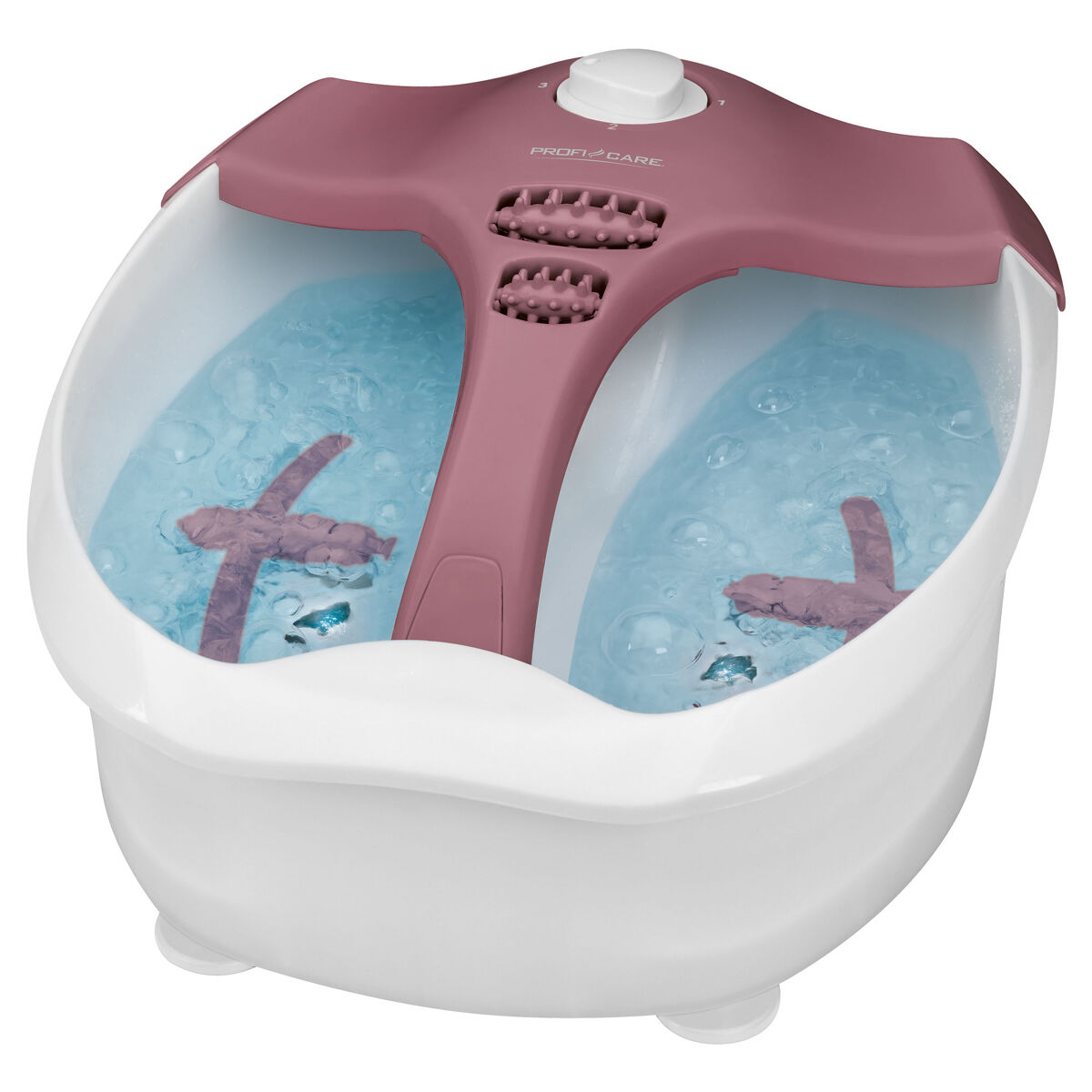Proficare fm 3027 masajeador pies, hidromasaje intensivo burbujas, calor, uso con / sin agua, rodillos masaje, 80 , blanco/rosa
