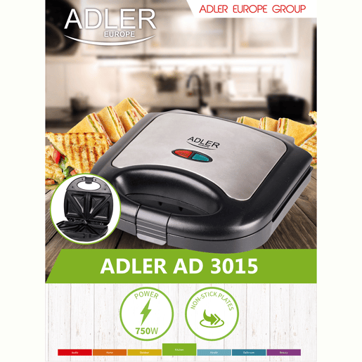 Adler AD3015 Sanduicheira 4 Sanduíches Forma Triangular, Revestimento Anti-aderente, Temperatura Automática, 850, Prata negra