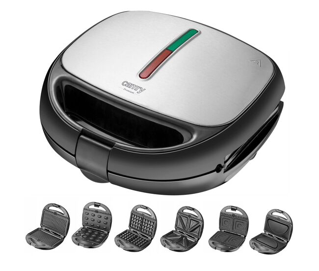 Camry cr3057 sandwichera 6 en 1 gofrera grill-plancha, galletas, bandejas intercambiables antiadherentes, 1200, acero inoxidable / negro
