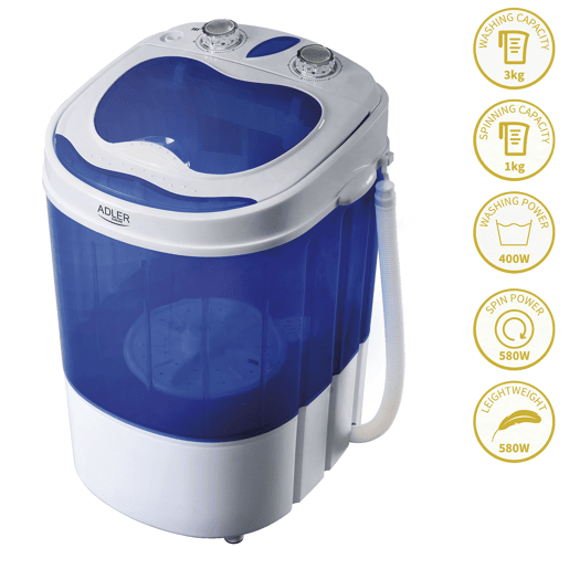 Adler AD8051 Máquina de lavar Roupa 3Kg Mini, 1Kg Centrifugada, Perfeita para Campismo, Caravanas e Autocaravanas, 150, Branco azul