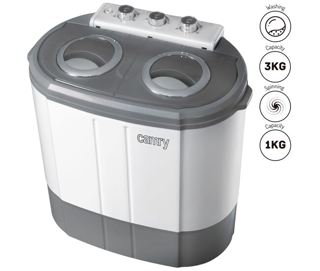 Camry cr 8052 mini lavadora centrifugadora portátil, 3kg lavado, 2 compartimentos, programa lavado 15m, 190 , blanco/gris