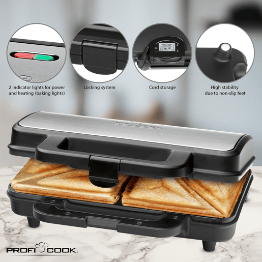 Proficook ST 1092 Sanduicheira, 2 sanduíches XXL, placas antiaderentes, tostagem perfeita, aço inoxidável, 900, Prata negra