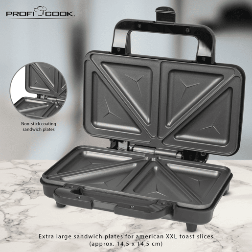Proficook ST 1092 Sanduicheira, 2 sanduíches XXL, placas antiaderentes, tostagem perfeita, aço inoxidável, 900, Prata negra