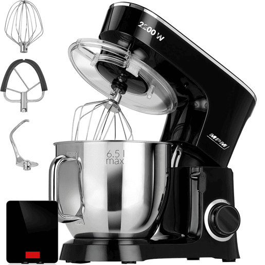 MPM MRK-19B Batedeira Planetaria Profissional de Massa, Robô de Cozinha, 6,5 L, 6 Velocidades, Acessórios, Inox, 2200, Preto  Inox