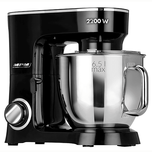 MPM MRK-19B Batedeira Planetaria Profissional de Massa, Robô de Cozinha, 6,5 L, 6 Velocidades, Acessórios, Inox, 2200, Preto  Inox