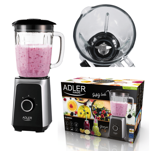 Adler AD4076 Liquidificador, Jarra de Vidro de 1,5 litros, 2 velocidades + Função de Pulso, 1000, Prata