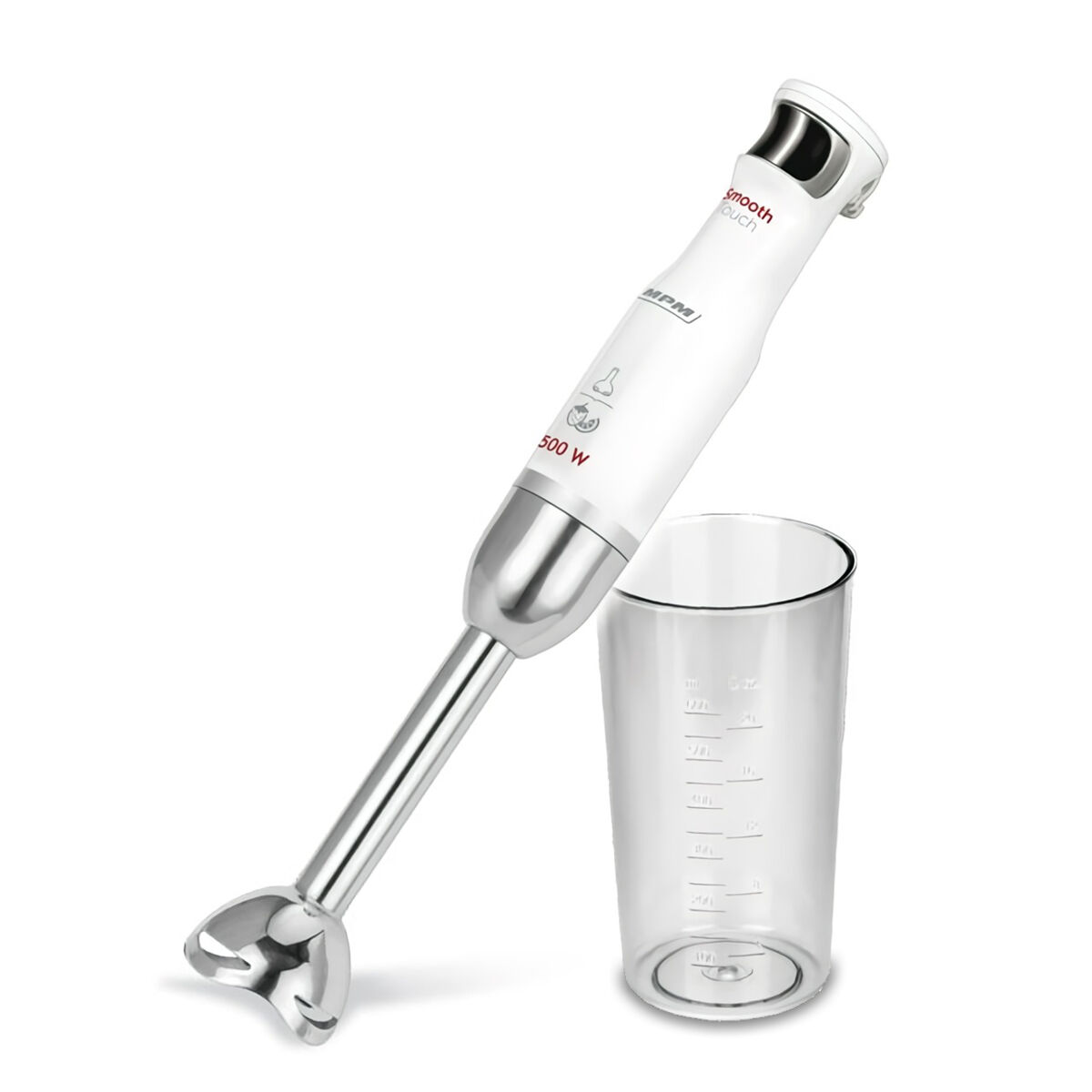 Mpm mbl-27 batidora de mano desmontable, brazo y cuchillas de acero inoxidable, función smooth touch, vaso 700 ml, 500, blanco/gris