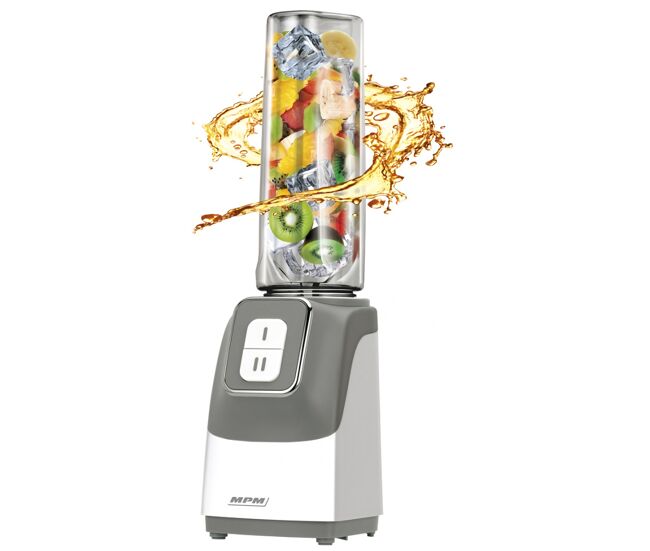 Mpm mbl-22 batidora vaso individual good to go, smoothie maker, 2 botellas portátiles 0,6l, libre bpa, 350, gris/blanco