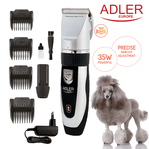 Adler AD2823 Máquina de Tosquiar para Animais de Estimação, Cães, Gatos, Profissional, Cabeça de Titânio, Lâminas de cerâmica, 35, Prata negra