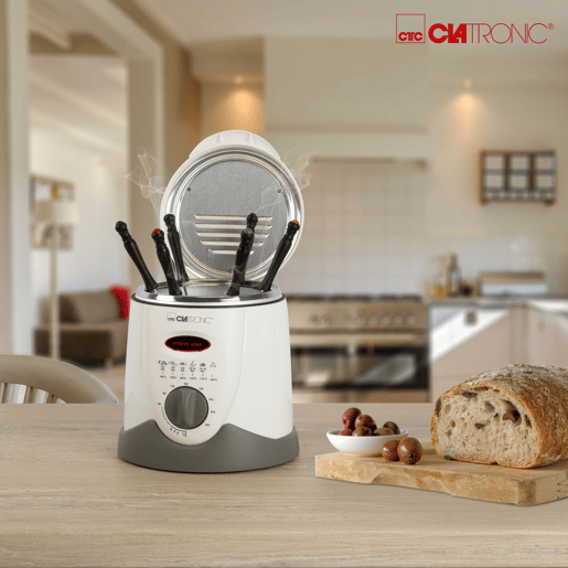 Clatronic FRR 2916 Fritadeira e Fondue 1 Litro 6 Garfos Termóstato Ajustável, 900, Cinza branco