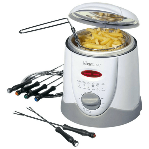 Clatronic FRR 2916 Fritadeira e Fondue 1 Litro 6 Garfos Termóstato Ajustável, 900, Cinza branco