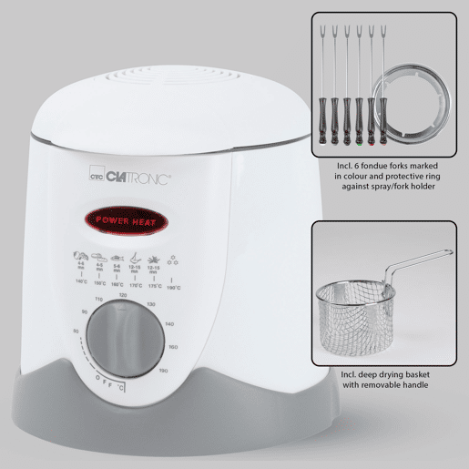 Clatronic FRR 2916 Fritadeira e Fondue 1 Litro 6 Garfos Termóstato Ajustável, 900, Cinza branco