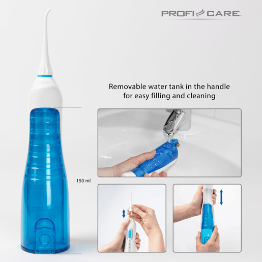 Proficare MD 3026 Irrigador Oral Portátil, sem Fios, Limpeza, Massagem das Gengivas3 Posições para Regular a Pressão da Água, 1500 , Branco