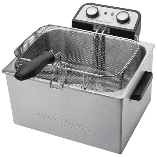Proficook FR 1038 Fritadeira Elétrica 5L Resistência Submergida Semi-profissional, Inox, 3 Cestos, Termóstato Ajustável, 3000, Prata negra