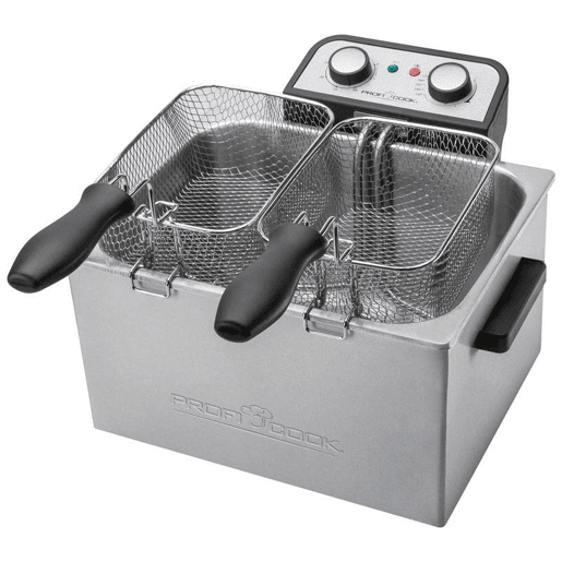 Proficook FR 1038 Fritadeira Elétrica 5L Resistência Submergida Semi-profissional, Inox, 3 Cestos, Termóstato Ajustável, 3000, Prata negra