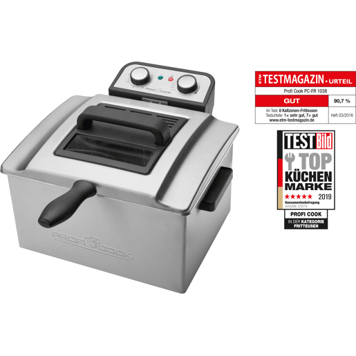 Proficook FR 1038 Fritadeira Elétrica 5L Resistência Submergida Semi-profissional, Inox, 3 Cestos, Termóstato Ajustável, 3000, Prata negra
