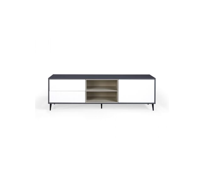 Mueble TV LEA acabado en antracita, blanco polar y visón. Patas metálicas negras. 180x42x55cm