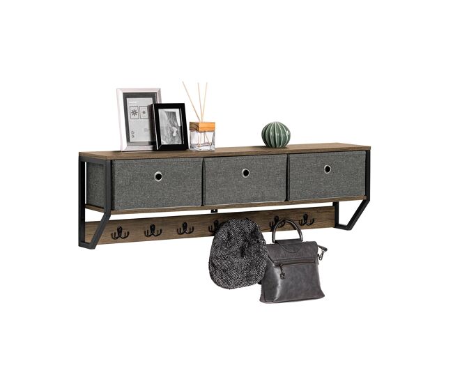 Perchero de pared para pasillo, guardarropa, estante de pared con 3 cestas y 7 ganchos dobles estilo iindustrial 100 x 20 x 30 cm fhk26-n sobuy