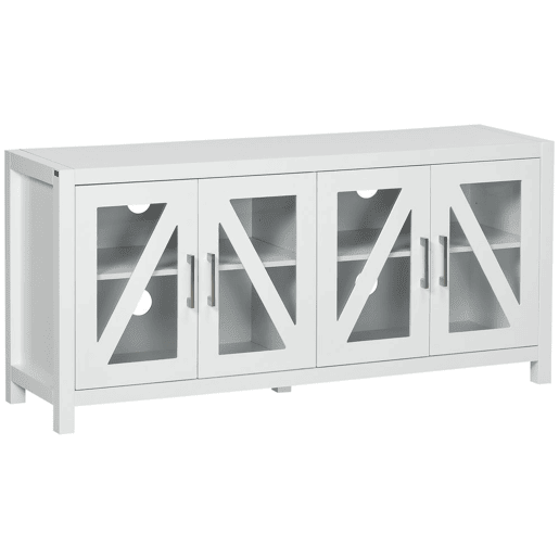 HOMCOM Móvel de TV Sala de Estar para Televisores de até 58 com 4 Portas de Vidro Temperado Prateleiras Ajustáveis e 4 Orifícios para Cabos 130x35x60 cm Branco