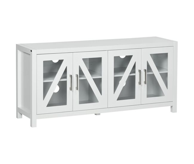 Homcom mueble tv de salón mesa para televisores de hasta 58" con 4 puertas de vidrio templado estantes ajustables y 4 orificios para cables para dormitorio 130x35x60 cm blanco