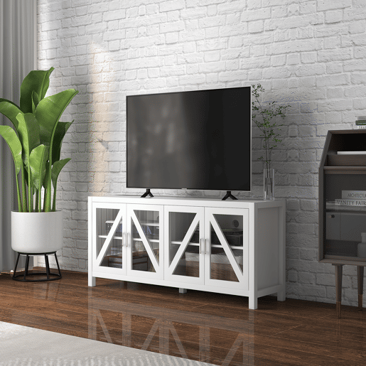 HOMCOM Móvel de TV Sala de Estar para Televisores de até 58 com 4 Portas de Vidro Temperado Prateleiras Ajustáveis e 4 Orifícios para Cabos 130x35x60 cm Branco