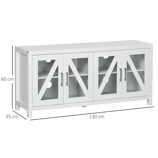 HOMCOM Móvel de TV Sala de Estar para Televisores de até 58 com 4 Portas de Vidro Temperado Prateleiras Ajustáveis e 4 Orifícios para Cabos 130x35x60 cm Branco
