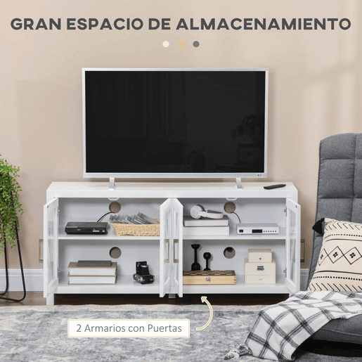 HOMCOM Móvel de TV Sala de Estar para Televisores de até 58 com 4 Portas de Vidro Temperado Prateleiras Ajustáveis e 4 Orifícios para Cabos 130x35x60 cm Branco