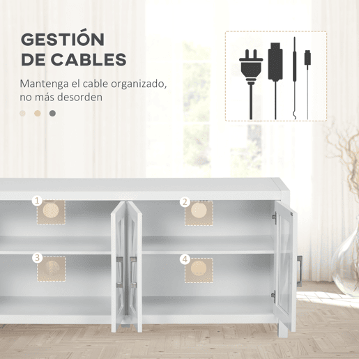 HOMCOM Móvel de TV Sala de Estar para Televisores de até 58 com 4 Portas de Vidro Temperado Prateleiras Ajustáveis e 4 Orifícios para Cabos 130x35x60 cm Branco