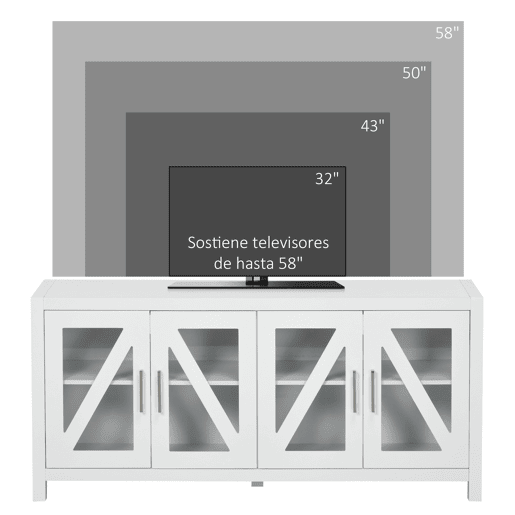 HOMCOM Móvel de TV Sala de Estar para Televisores de até 58 com 4 Portas de Vidro Temperado Prateleiras Ajustáveis e 4 Orifícios para Cabos 130x35x60 cm Branco