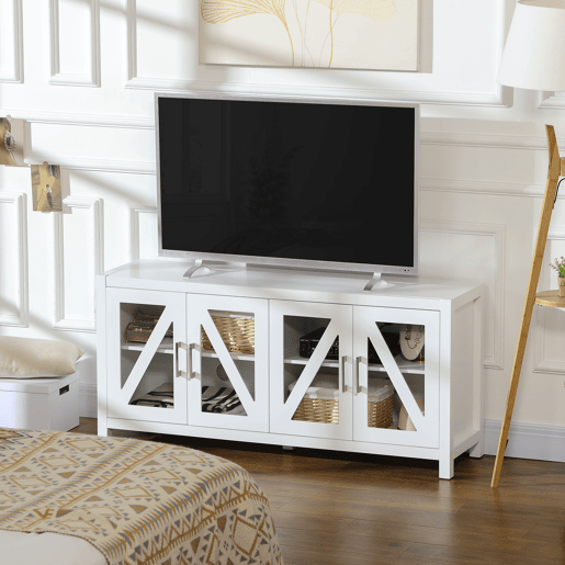 HOMCOM Móvel de TV Sala de Estar para Televisores de até 58 com 4 Portas de Vidro Temperado Prateleiras Ajustáveis e 4 Orifícios para Cabos 130x35x60 cm Branco