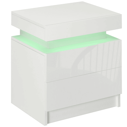 HOMCOM Mesa de Cabeceira com Luzes LED de 3 Cores Mesa de Cabeceira com 2 Gavetas com Frente de Alto Brilho Interruptor com Cabo e Controlo por APP Mesa Auxiliar para Quarto ou Sala Branca 45x35x52 cm