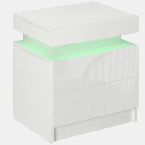 HOMCOM Mesa de Cabeceira com Luzes LED de 3 Cores Mesa de Cabeceira com 2 Gavetas com Frente de Alto Brilho Interruptor com Cabo e Controlo por APP Mesa Auxiliar para Quarto ou Sala Branca 45x35x52 cm