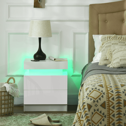 HOMCOM Mesa de Cabeceira com Luzes LED de 3 Cores Mesa de Cabeceira com 2 Gavetas com Frente de Alto Brilho Interruptor com Cabo e Controlo por APP Mesa Auxiliar para Quarto ou Sala Branca 45x35x52 cm