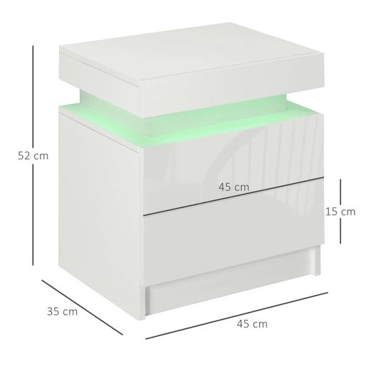 HOMCOM Mesa de Cabeceira com Luzes LED de 3 Cores Mesa de Cabeceira com 2 Gavetas com Frente de Alto Brilho Interruptor com Cabo e Controlo por APP Mesa Auxiliar para Quarto ou Sala Branca 45x35x52 cm