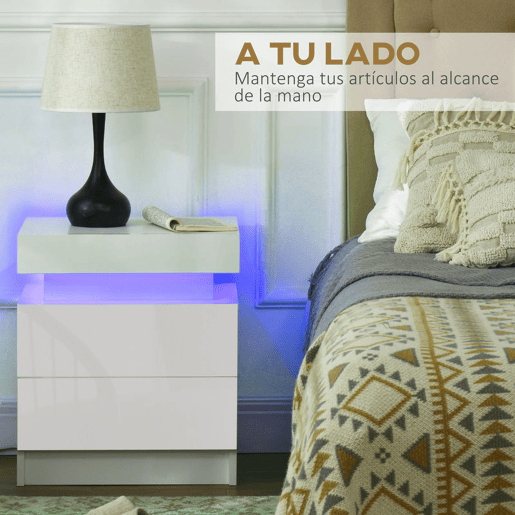 HOMCOM Mesa de Cabeceira com Luzes LED de 3 Cores Mesa de Cabeceira com 2 Gavetas com Frente de Alto Brilho Interruptor com Cabo e Controlo por APP Mesa Auxiliar para Quarto ou Sala Branca 45x35x52 cm