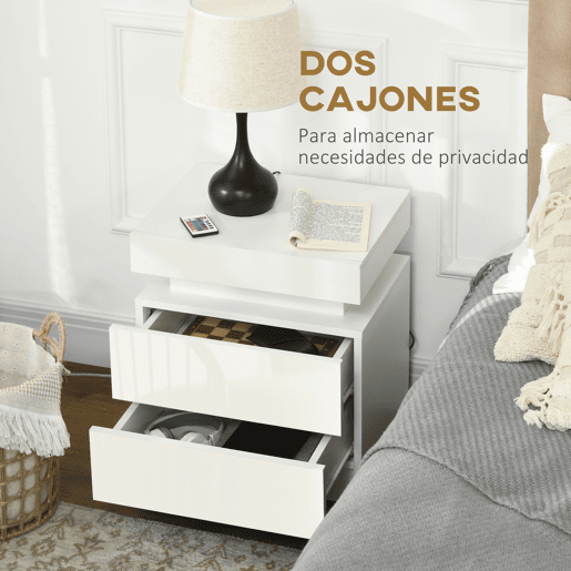 HOMCOM Mesa de Cabeceira com Luzes LED de 3 Cores Mesa de Cabeceira com 2 Gavetas com Frente de Alto Brilho Interruptor com Cabo e Controlo por APP Mesa Auxiliar para Quarto ou Sala Branca 45x35x52 cm
