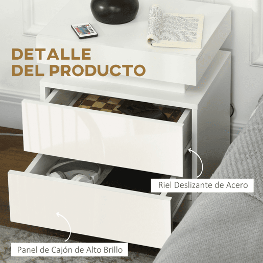 HOMCOM Mesa de Cabeceira com Luzes LED de 3 Cores Mesa de Cabeceira com 2 Gavetas com Frente de Alto Brilho Interruptor com Cabo e Controlo por APP Mesa Auxiliar para Quarto ou Sala Branca 45x35x52 cm