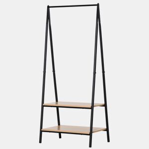 HOMCOM Suporte para Cabides com 2 Prateleiras de Armazenamento Barra para Pendurar e Estrutura de Aço para Entrada Corredor Dormitório 64x42,5x149 cm Preto