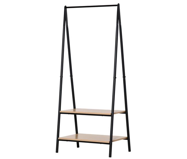 Homcom perchero de ropa perchero de pie con 2 estantes de almacenamiento barra para colgar y marco de acero para entrada pasillo dormitorio 64x42,5x149 cm negro
