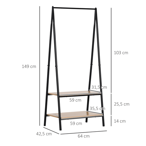 HOMCOM Suporte para Cabides com 2 Prateleiras de Armazenamento Barra para Pendurar e Estrutura de Aço para Entrada Corredor Dormitório 64x42,5x149 cm Preto