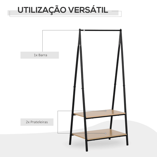 HOMCOM Suporte para Cabides com 2 Prateleiras de Armazenamento Barra para Pendurar e Estrutura de Aço para Entrada Corredor Dormitório 64x42,5x149 cm Preto