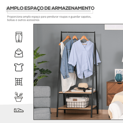 HOMCOM Suporte para Cabides com 2 Prateleiras de Armazenamento Barra para Pendurar e Estrutura de Aço para Entrada Corredor Dormitório 64x42,5x149 cm Preto
