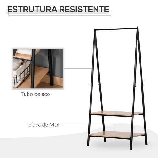 HOMCOM Suporte para Cabides com 2 Prateleiras de Armazenamento Barra para Pendurar e Estrutura de Aço para Entrada Corredor Dormitório 64x42,5x149 cm Preto