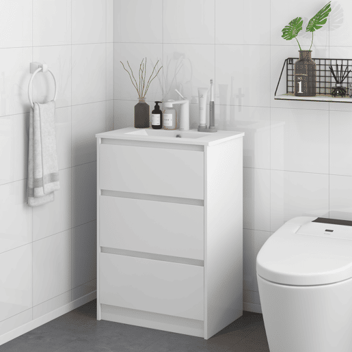 kleankin Móvel de Casa de Banho com Lavatório Armário Casa de Banho de Cerâmica Sintética com 2 Gavetas 61x37x88 cm Branco Brilhante