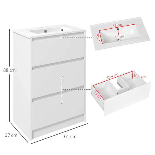 kleankin Móvel de Casa de Banho com Lavatório Armário Casa de Banho de Cerâmica Sintética com 2 Gavetas 61x37x88 cm Branco Brilhante