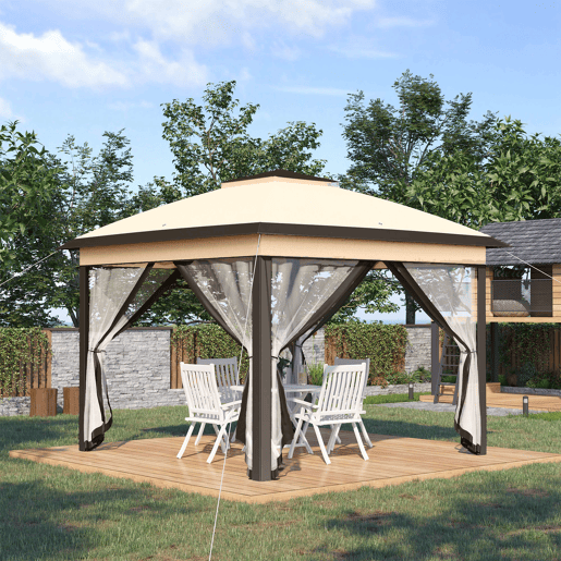 Outsunny Pérgola Dobrável Exterior 3,3x3,3 m com Altura Ajustável Pérgola de Jardim com Teto Duplo 4 Mosquiteiras Removíveis e Bolsa de Transporte para Acampamento Festas Bege Outsunny Pérgola Dobrável Exterior 3,3x3,3 m com Altura Ajustável Pérgola de Jardim com Teto Duplo 4 Mosquiteiras Removíveis e Bolsa de Transporte para Acampamento Festas Bege