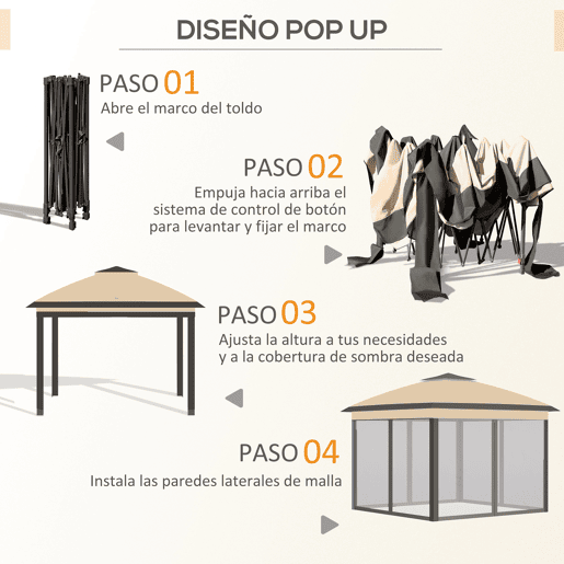 Outsunny Pérgola Dobrável Exterior 3,3x3,3 m com Altura Ajustável Pérgola de Jardim com Teto Duplo 4 Mosquiteiras Removíveis e Bolsa de Transporte para Acampamento Festas Bege Outsunny Pérgola Dobrável Exterior 3,3x3,3 m com Altura Ajustável Pérgola de Jardim com Teto Duplo 4 Mosquiteiras Removíveis e Bolsa de Transporte para Acampamento Festas Bege