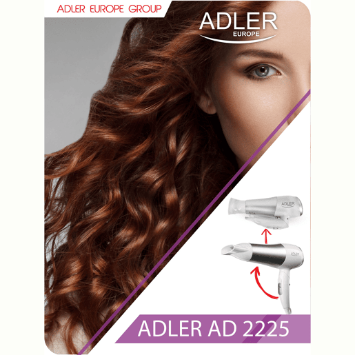 Adler AD2225 Secador de Cabelo para Viagem, Dobrável, Jacto de Ar frio, 2 Níveis de Potência, Bocal 360°, 2200, Cinza branco
