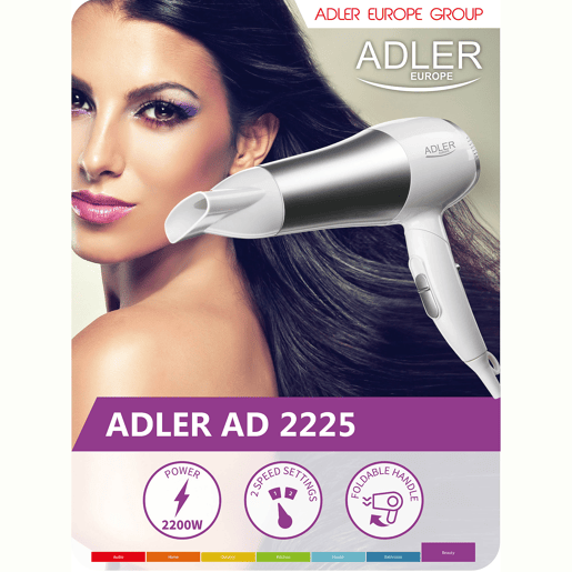 Adler AD2225 Secador de Cabelo para Viagem, Dobrável, Jacto de Ar frio, 2 Níveis de Potência, Bocal 360°, 2200, Cinza branco